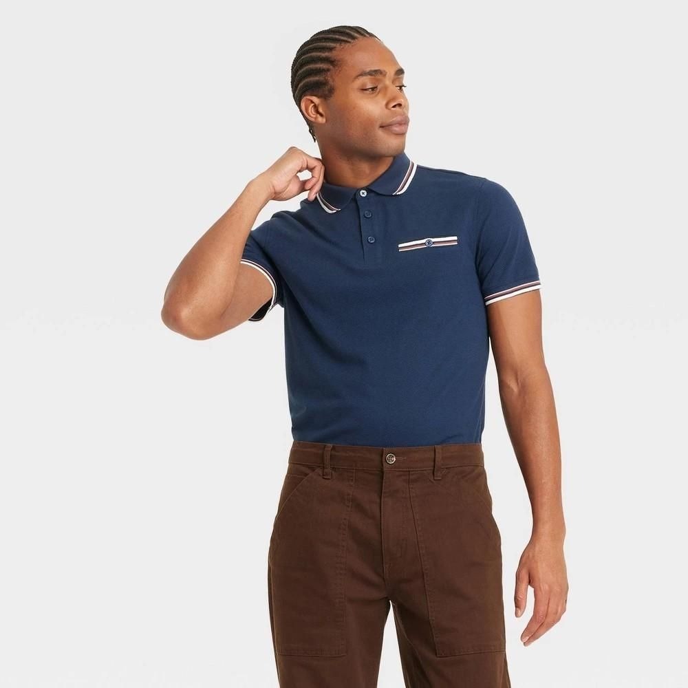Goodfellow & Co Mens Navy Blue Short Sleeve Polo Shirt XL Striped Trim Pocket